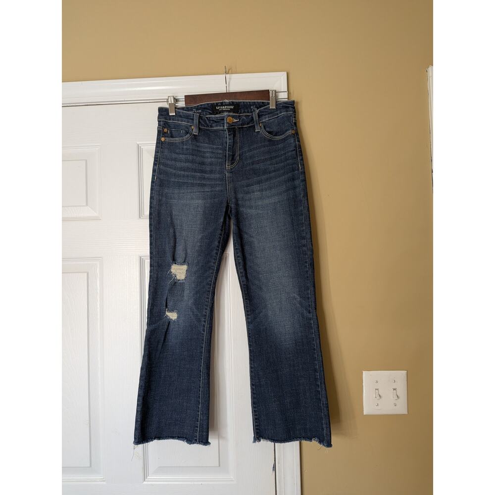 Liverpool Cropped Flare Jeans Size 28 Distressed Raw Hem Denim Model-off-duty